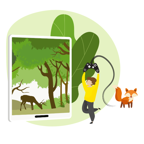 Un enfant manette en main devant une tablette géante ouvrant sur une forêt et sa faune
